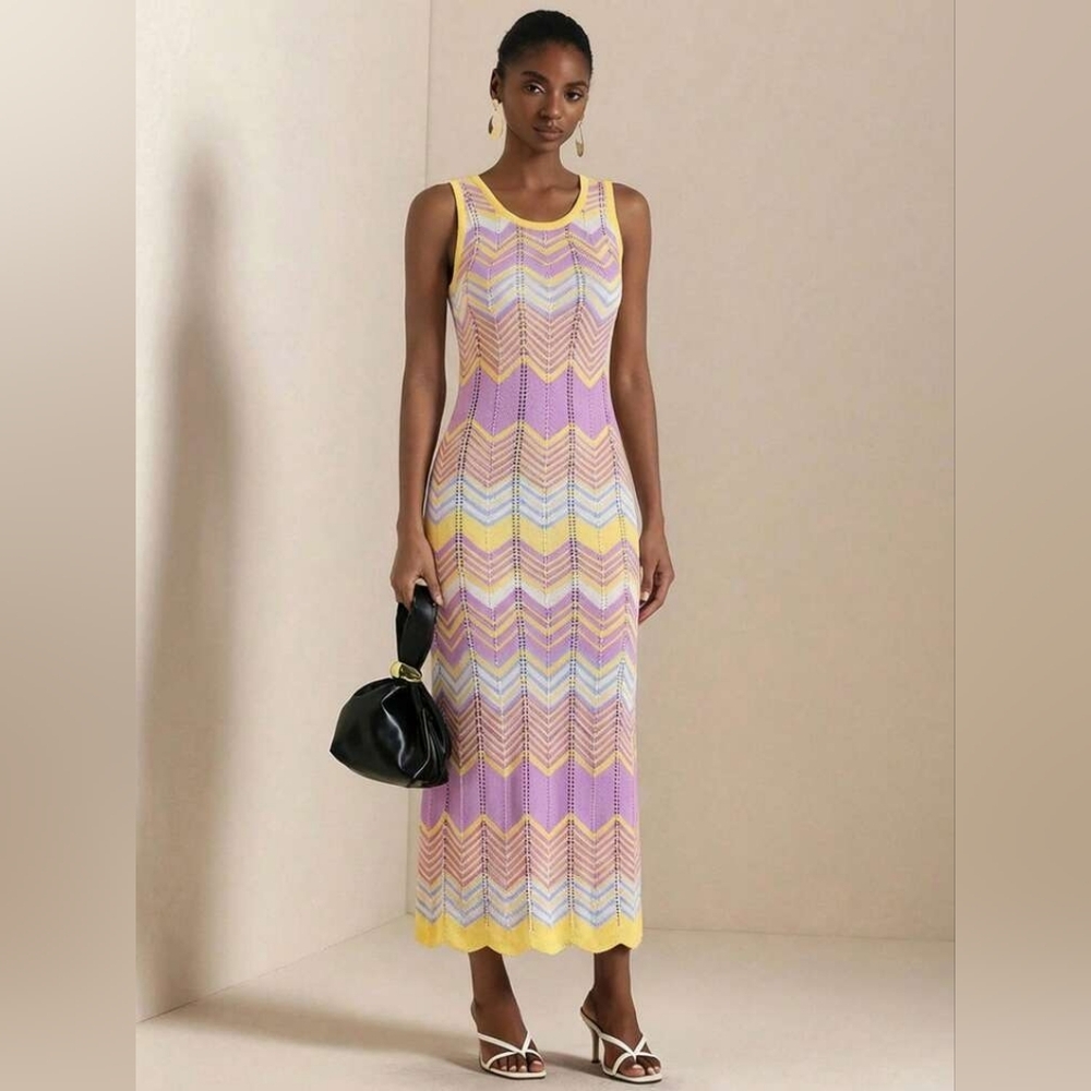 Pastel Rainbow Zig Zag Crochet Sleeveless Maxi Dress